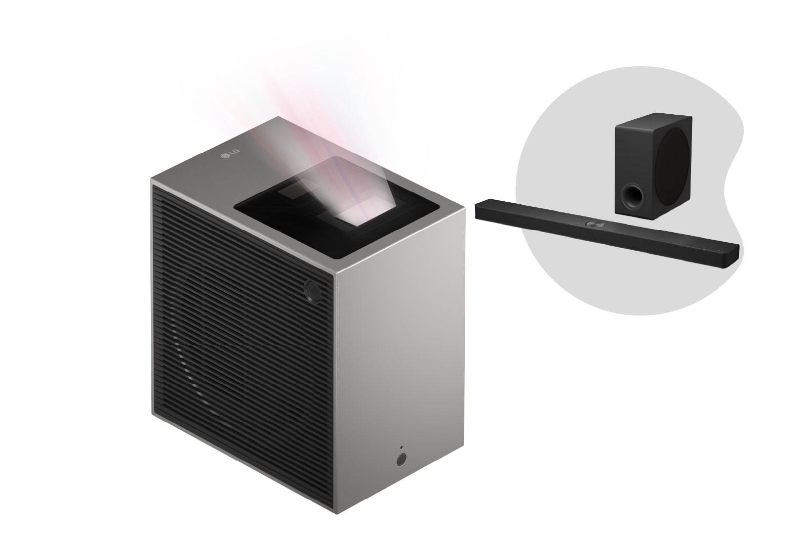 Front view of LG CineBeam S Mini UST Projector, 4K UHD, 3-ch RGB Laser, 450,000:1 Contrast, Max. 100" screen size, White - PU615U